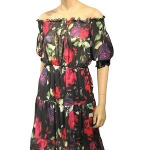 KikiRiki Off-The-Shoulder Sheer Floral Maxi Dress Black Pink Size Small NWT